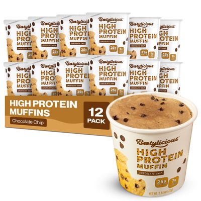Bootylicious | 25g Protein Muffin | Chocolate Chip | Low Carb, 16g Fiber, Low Glycimic Index, Low Sugar, 2.39oz Cup, 12-Pack