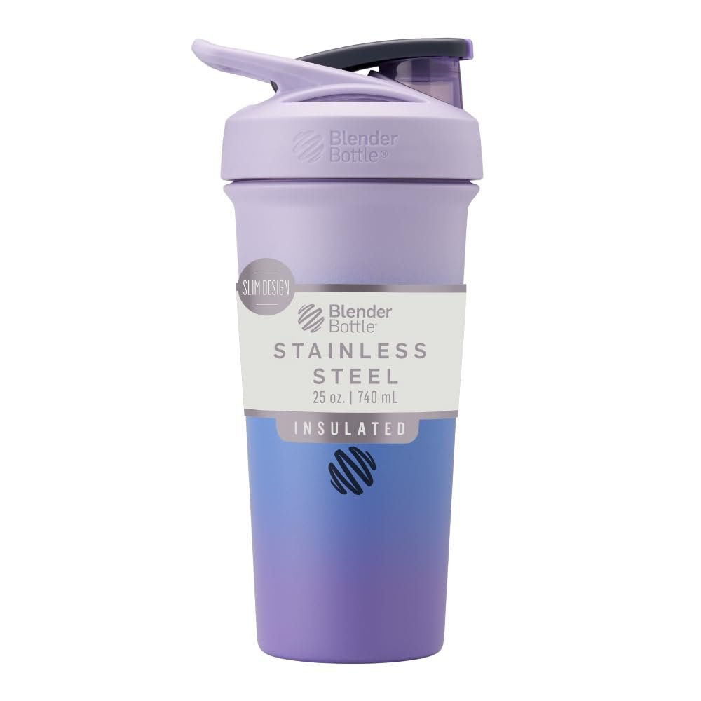 BlenderBottle Sport Sleek Insulated Stainless Steel Shaker Bottle with Wire Whisk, 25-Ounce, Lavender Ombre Protein Shakes & Hydration for Athletes & Fitness Enthusiasts, Easy Mixing, Lockable Lid