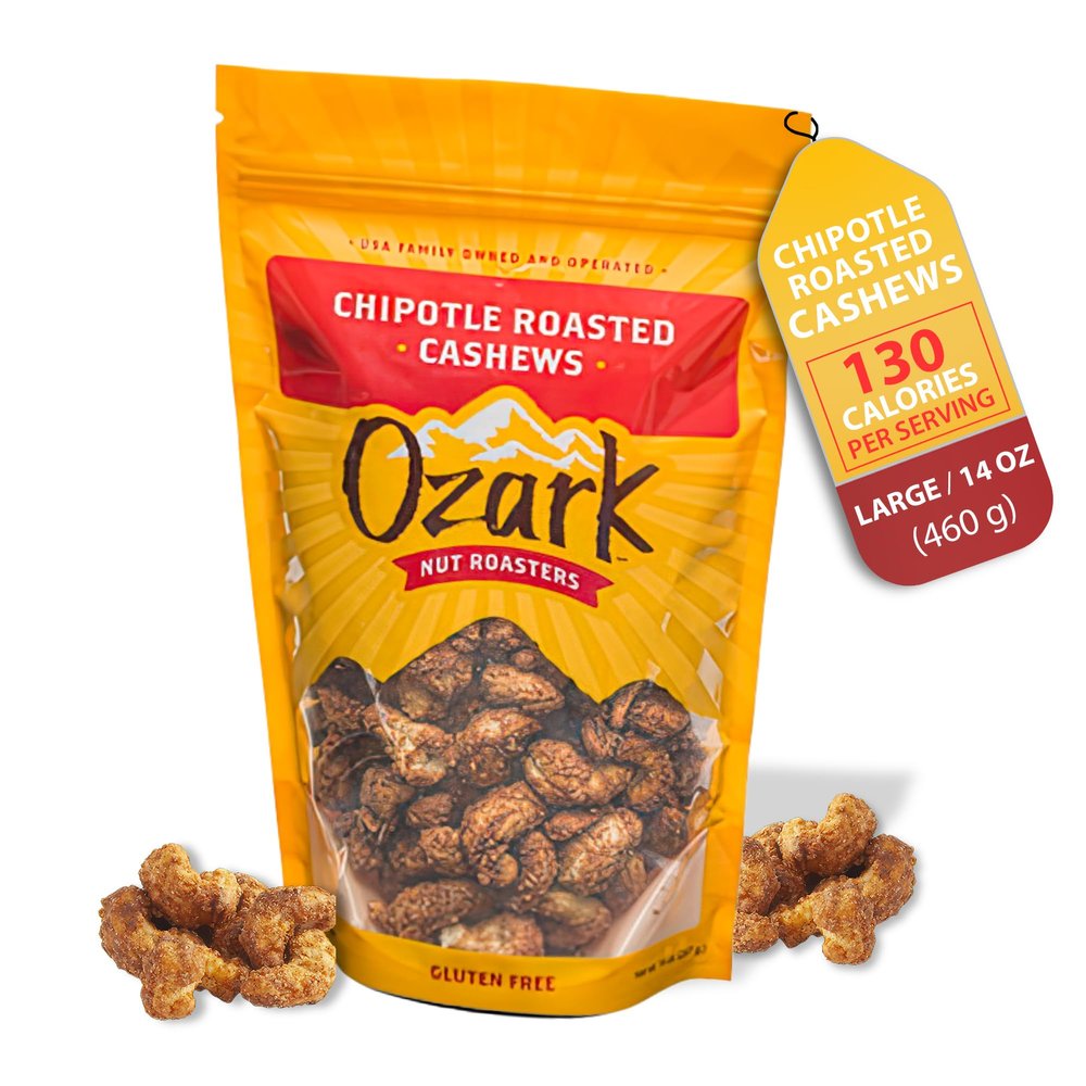 OZARK NUT ROASTERS, Chipotle Roasted Cashews with Spicy Kick, Flavored Savory Snacks, World-Class Gourmet Candied Nuts, Resealable Pack (14.0 oz)