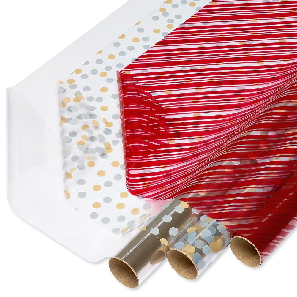 American Greetings Christmas Cellophane Wrap Rolls for Cookie Trays, Gift Baskets, or Presents, Plastic Gift Wrap Film (75 sq. ft., 3 Rolls-30 in. x 10 ft.) Clear, Red Stripes, Silver Gold Polka Dots