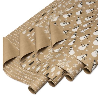 American Greetings Vintage Kraft Christmas Wrapping Paper Rolls, Black, White, and Brown Kraft Holiday Gift Wrap (80 sq. ft., 4 Rolls-30 in. x 8 ft.) Snowflakes, Snowmen, Trees, Merry Christmas