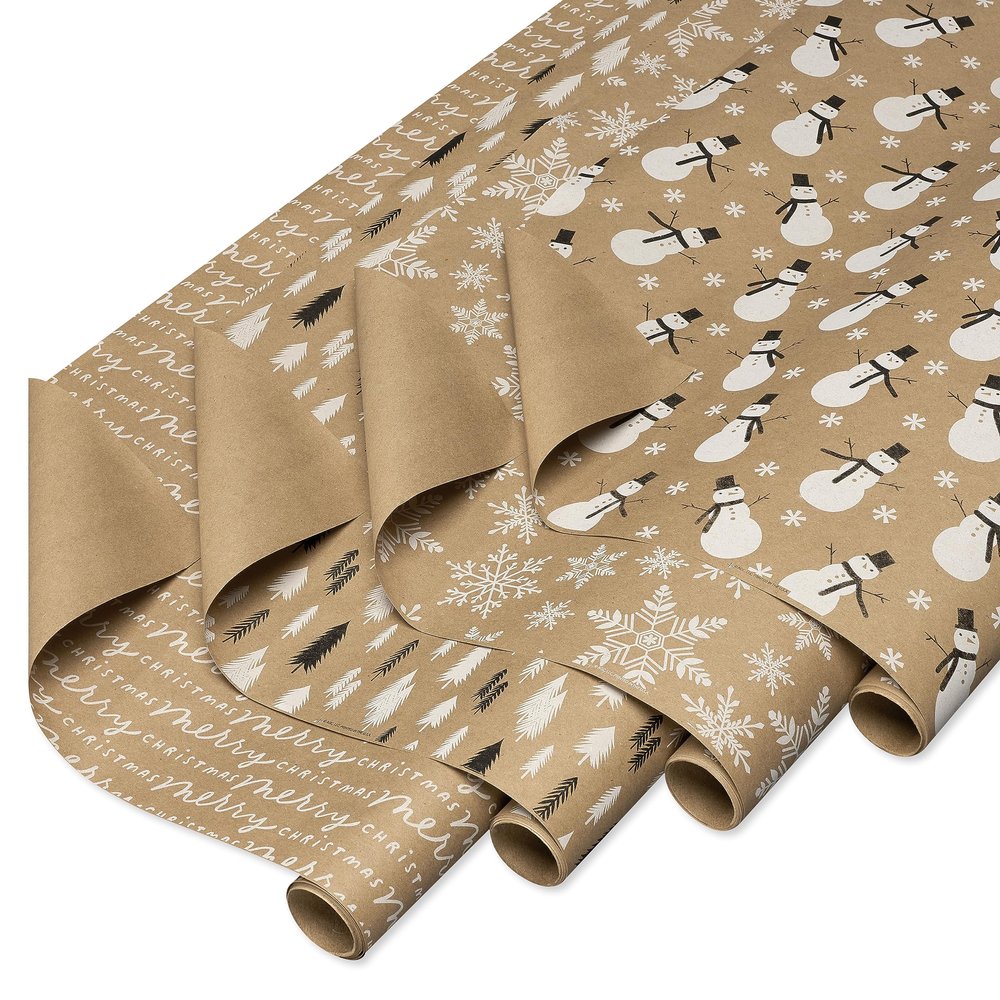 American Greetings Vintage Kraft Christmas Wrapping Paper Rolls, Black, White, and Brown Kraft Holiday Gift Wrap (80 sq. ft., 4 Rolls-30 in. x 8 ft.) Snowflakes, Snowmen, Trees, Merry Christmas