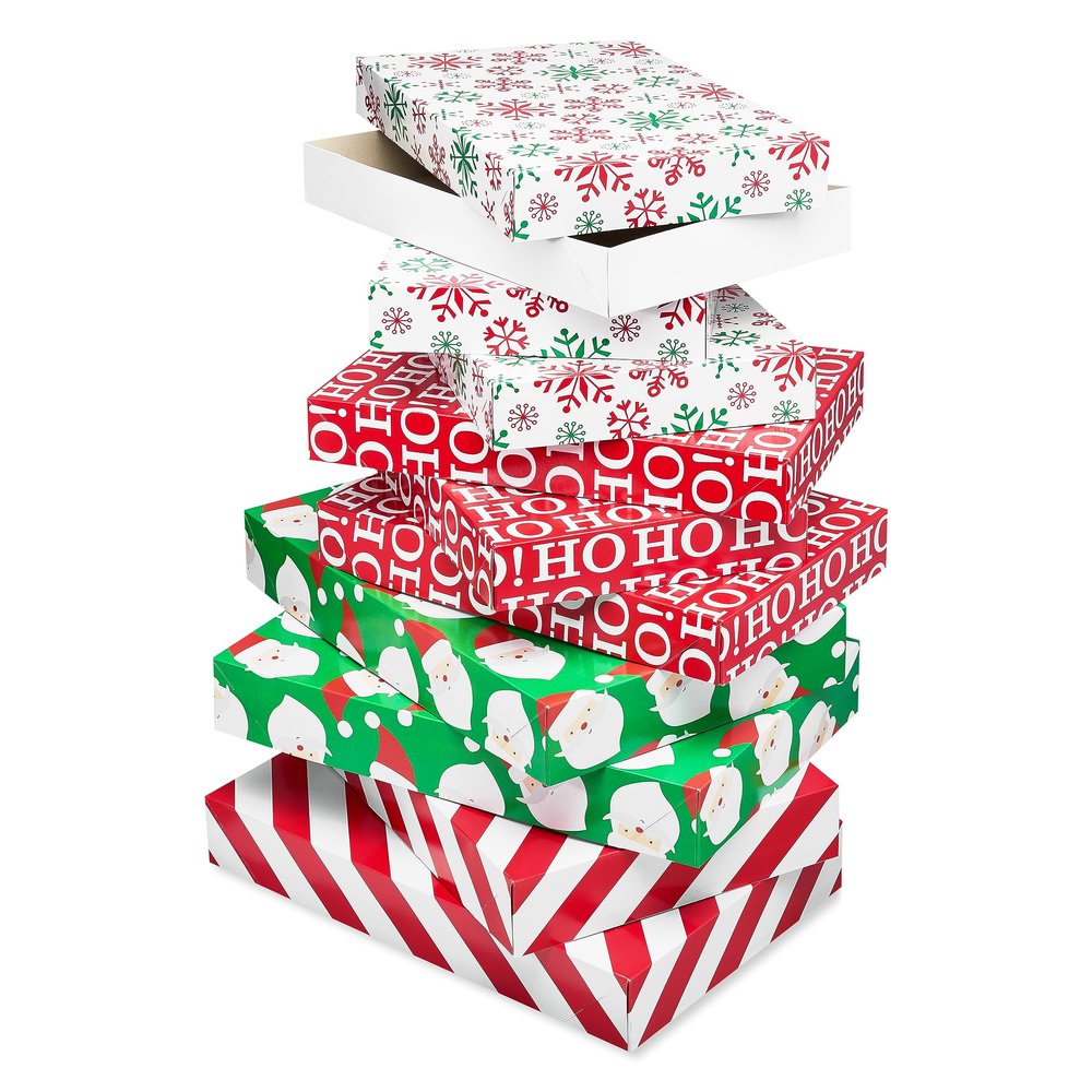 American Greetings Christmas Gift Boxes with Lids for Presents, Festive Designs, Assorted Sizes (6 Medium Shirt and 4 Large Robe Boxes) for Winter Holidays, Christmas in July, or Any Occasion