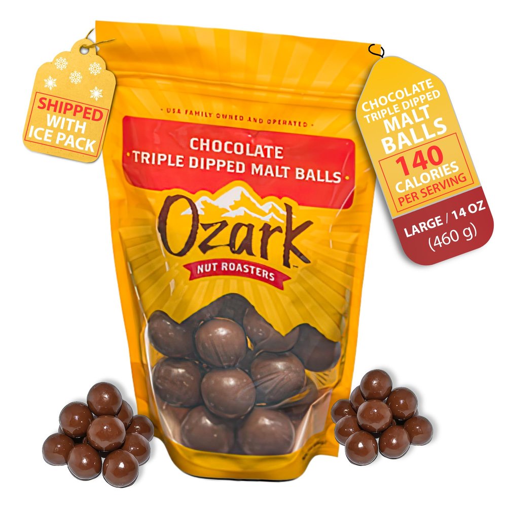 OZARK NUT ROASTERS Chocolate Malt Balls, Gourmet Malted Candy Snack, Rich Chocolate Flavor, Resealable 14 oz Bag, Pack of 1