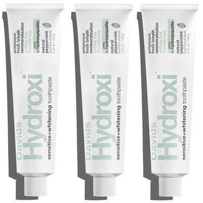 Davids Hydroxi Fluoride Free Nano Hydroxyapatite Toothpaste for Remineralizing Enamel & Sensitive Relief, Whitening, Antiplaque, SLS Free, Natural Peppermint, 5.25oz, Made in USA (3 Pack)