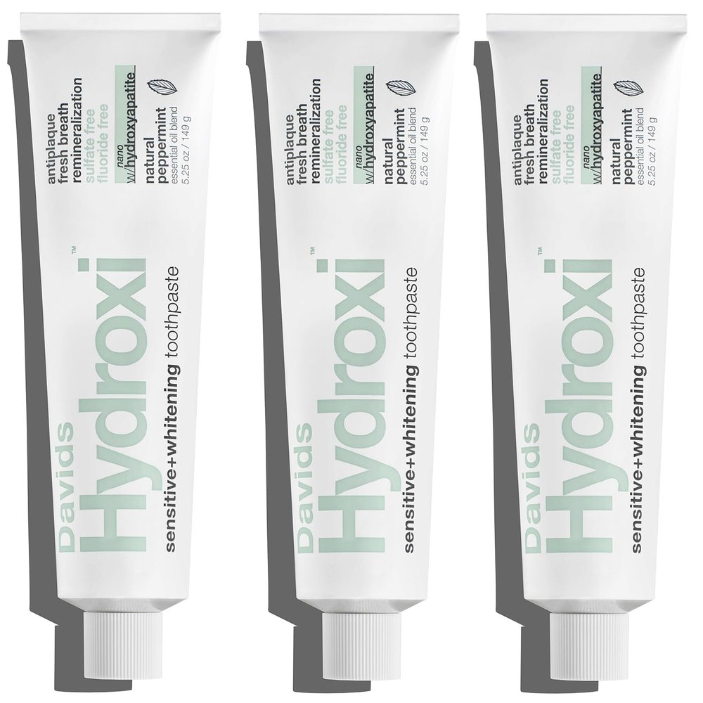 Davids Hydroxi Fluoride Free Nano Hydroxyapatite Toothpaste for Remineralizing Enamel & Sensitive Relief, Whitening, Antiplaque, SLS Free, Natural Peppermint, 5.25oz, Made in USA (3 Pack)