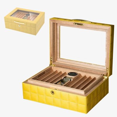 Cigar Humidifier Box, Humidors, Double Layer Design, with Hygrometer & Humidifier & Divider, External Leather Material & Glass Top Cigar Box, Hold 50 Cigars (Color : Yellow)