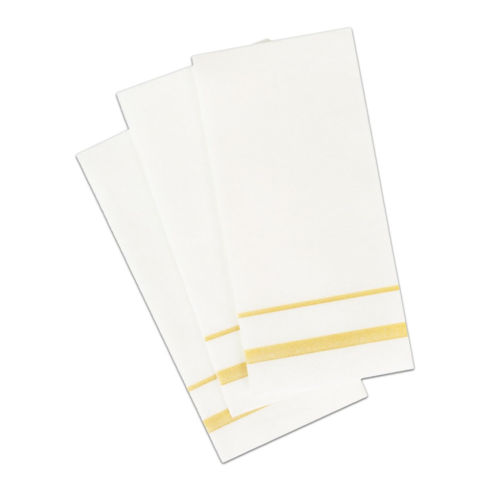 White Cloth Like Dinner Napkins with Gold Border - 1/6 Fold 12"x16" Single Use Linen Feel Disposable Guest Towels, Absorbent, Soft, Elegant, Bathroom Hand Towel, Party, Weddings, Tablesetting (140)