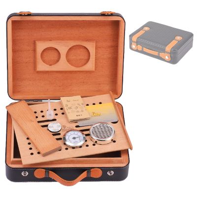 DYUNCZ Travel Cigar Humidor, Cigar Case, Leather and Cedar Wood Lined Travel Humidor Cigar, with Hygrometer, Humidifier, Cedar Wood Divider, Gifts for Men