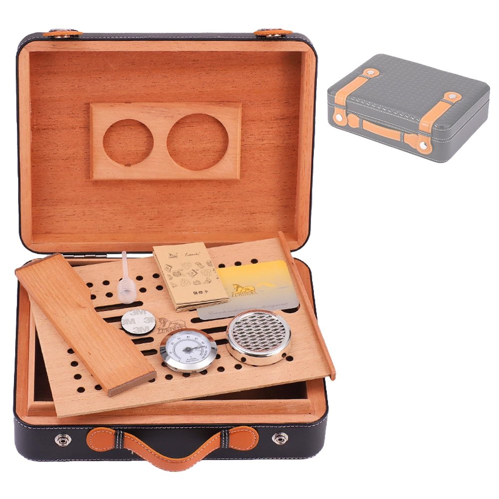DYUNCZ Travel Cigar Humidor, Cigar Case, Leather and Cedar Wood Lined Travel Humidor Cigar, with Hygrometer, Humidifier, Cedar Wood Divider, Gifts for Men