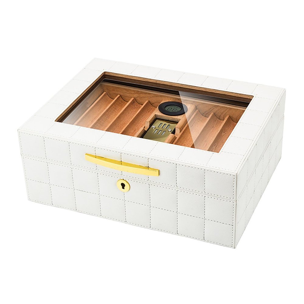 Cigar Humidifier Box, Humidors, Double Layer Design, with Hygrometer & Humidifier & Divider, External Leather Material & Glass Top Cigar Box, Hold 50 Cigars (Color : White)