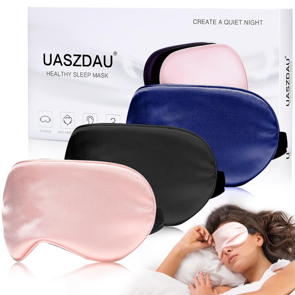 Sleep Mask Silk Eye Cover for Sleeping - Super Soft Blackout for Women Men, Side Sleepers With Adjustable Straps - Travel, 3 Pack