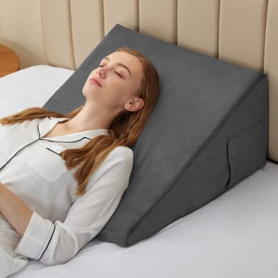 Bedluxe Wedge Pillow, 12 inch Bed Wedge Pillow for Headboard, Pillow Wedge for Acid Reflux Relief, Sleeping, After Surgery, Snoring, Gerd, Triangle Pillow Wedge - Cooling Memory Foam Top, Plush Grey