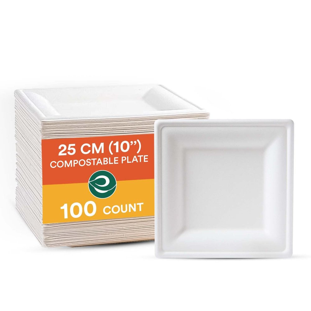 ECO SOUL 10 Inch Compostable Disposable Paper Plates [100 Pack] Food Safe 100% Virgin Bagasse Pulp Heavy Duty Biodegradable Microwave Safe Large Square Dinner Plate for Party, Picnic & BBQ (White)