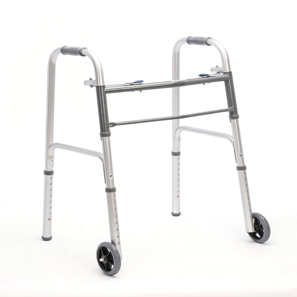 Med Mart Folding Aluminum Front-Wheeled Rolling Walker Includes Two 5-Inch Wheels, Adjustable Height - Mobility Aid Includes Enhanced Support