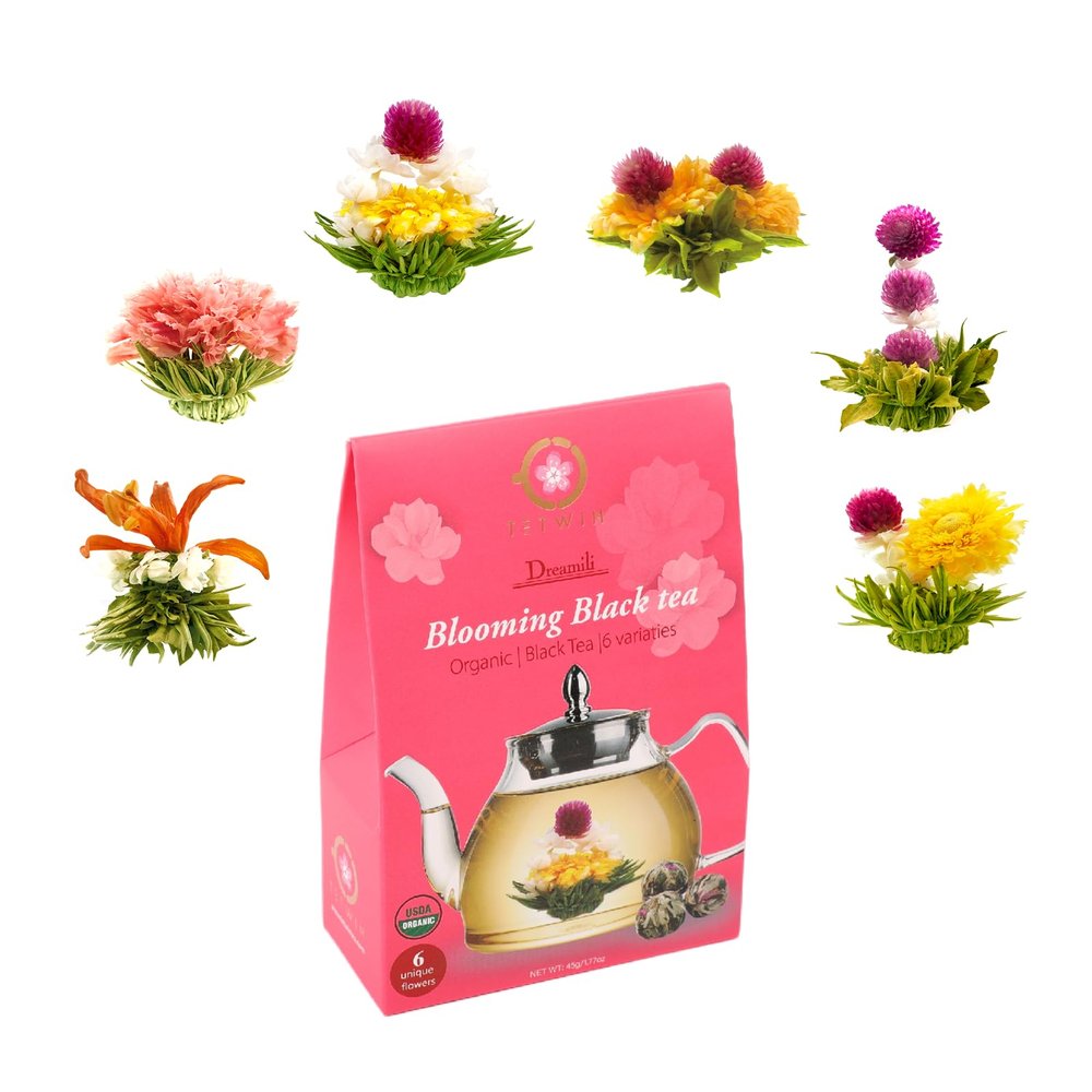 TETWIN Organic Blooming Tea Flowers 6 Tea Balls USDA Hand Tied Natural Black Tea Leaves & Edible Flowers Gifts for Tea Lovers