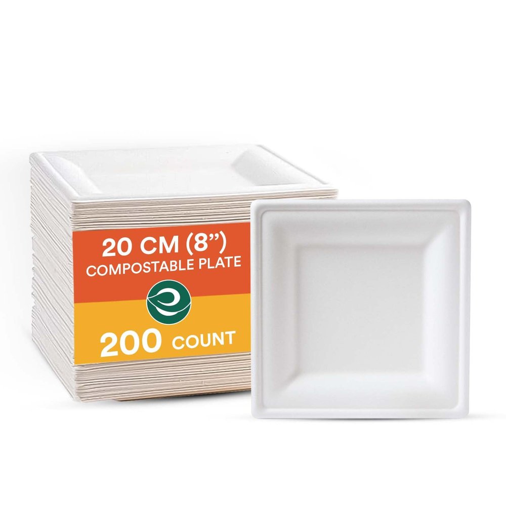 ECO SOUL 8 Inch Compostable Disposable Paper Plates [200 Pack] Food Safe 100% Virgin Bagasse Pulp Heavy Duty Biodegradable Microwave Safe Large Square Dinner Plate for Party, Picnic & BBQ (White)