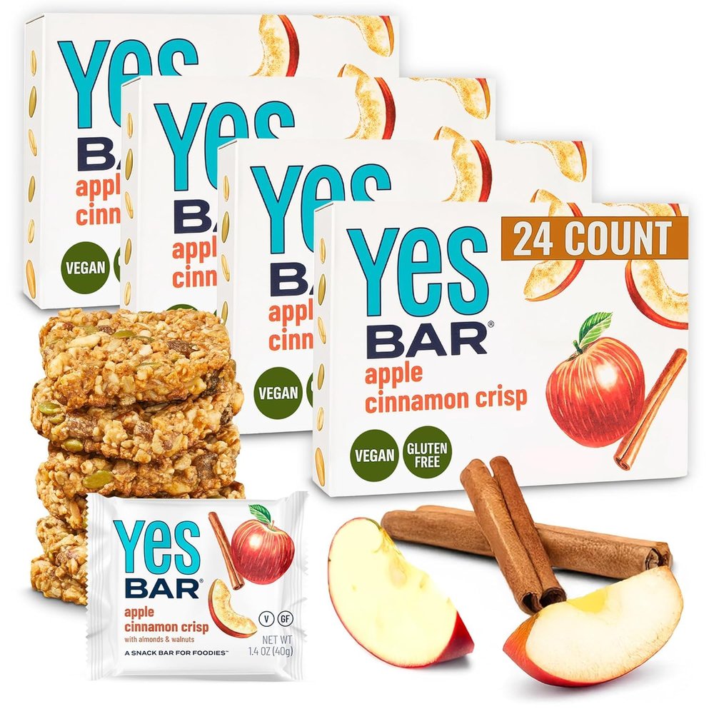 The YES Bar  Apple Cinnamon Crisp  Plant Based Protein, Decadent Snack Bar  Vegan, Paleo, Gluten Free, Dairy Free, Low Sugar, Healthy Snack, Breakfast, Low Carb, Keto Friendly (24 Count)