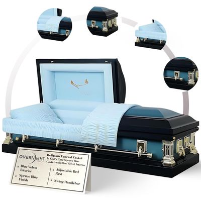 Overnight Caskets in God's Care Metal Funeral Casket with Blue Velvet Interior - 18 Gauge Steel - Fully Appointed Adult Casket - Coffin Featuring Velvet Interior Lining with Pillow and Throw Set