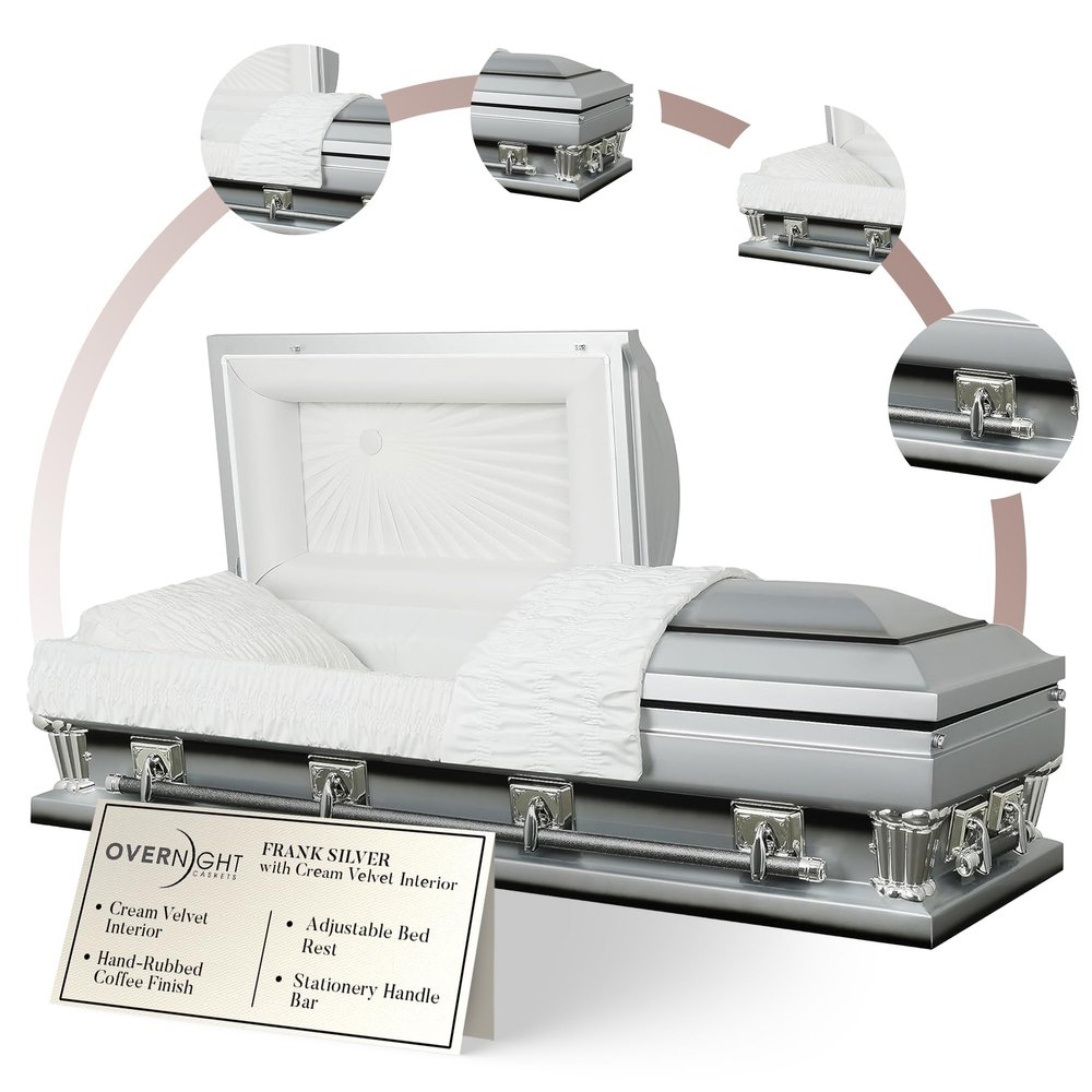 Overnight Caskets Frank Oversized Metal Funeral Casket Silver with White Velvet Interior - 18-Gauge Steel - Fully Appointed Adult Casket - Coffin Featuring Velvet Interior Lining w/Pillow & Throw Set