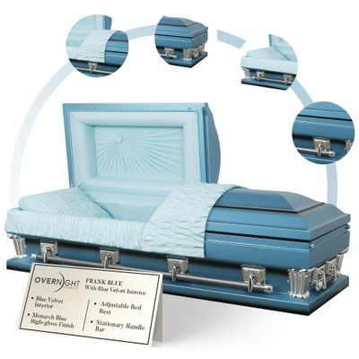 Overnight Caskets Frank Oversized Metal Funeral Casket Blue w/Light Blue Velvet Interior - 18-Gauge Steel -Fully Appointed Adult Casket - Coffin Featuring Velvet Interior Lining w/Pillow & Throw Set
