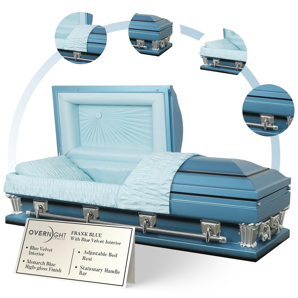 Overnight Caskets Frank Oversized Metal Funeral Casket Blue w/Light Blue Velvet Interior - 18-Gauge Steel -Fully Appointed Adult Casket - Coffin Featuring Velvet Interior Lining w/Pillow & Throw Set