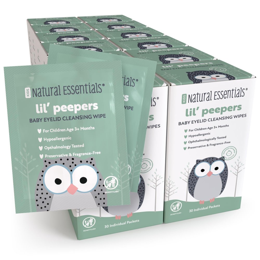 Natural Essentials Lil' Peepers Baby Eye Wipes and Eyelid Cleanser, Preservative-Free & Rinse-Free, Pediatrician Recommended Hypoallergenic Soft Eyelid Wipes for Babies, Kids & Adults, 30 Ct (12 pk)
