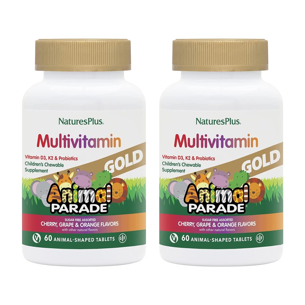 NaturesPlus Animal Parade Gold Children's Multivitamin - Assorted Cherry, Orange & Grape Flavors - 60 Chewable Tablets, Pack of 2 - Vegetarian, Gluten Free - 60 Total Servings