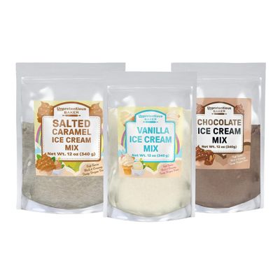 Unpretentious Vanilla, Salted Caramel, and Chocolate Ice Cream Mix Bundle, 12 oz, Rich & Creamy, Homemade Ice Cream, Single Serving