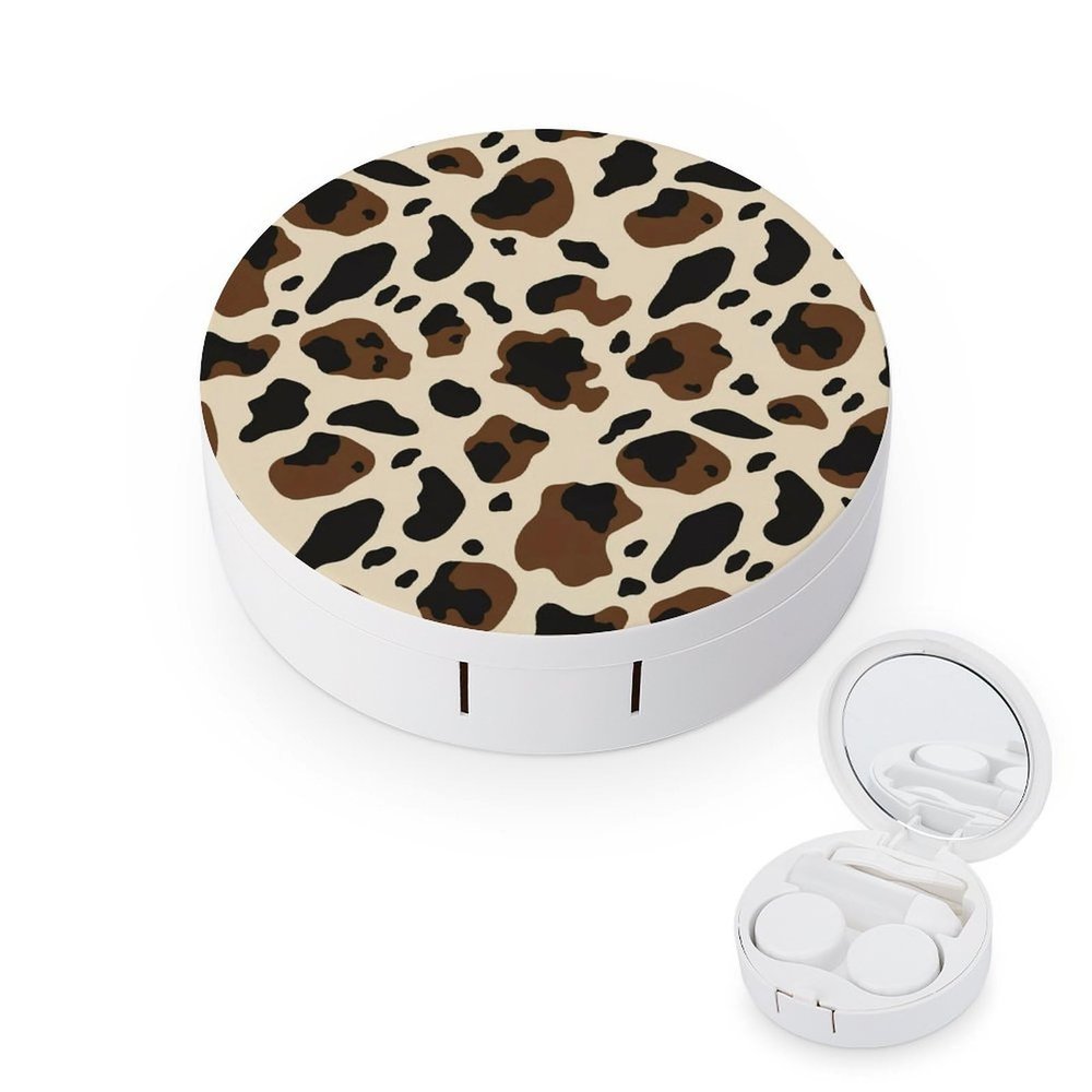 Meaudiwes Contact Lens Case Kit, Eyeglasses Case with Mirror Tweezers Remover Tool Solution Bottle, Brown Skin Milk Cow Print Portable Storage Kit for Travel