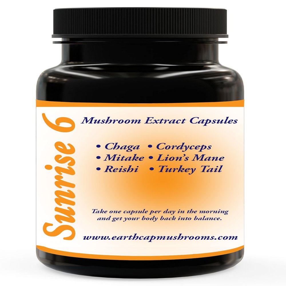 Earth Cap Mushrooms Sunrise 6 Mushroom Supplement Capsule - Chaga, Cordyceps, Lion's Mane, Maitake, Reishi, Turkey Tail, Real Fruiting Body - No Fillers
