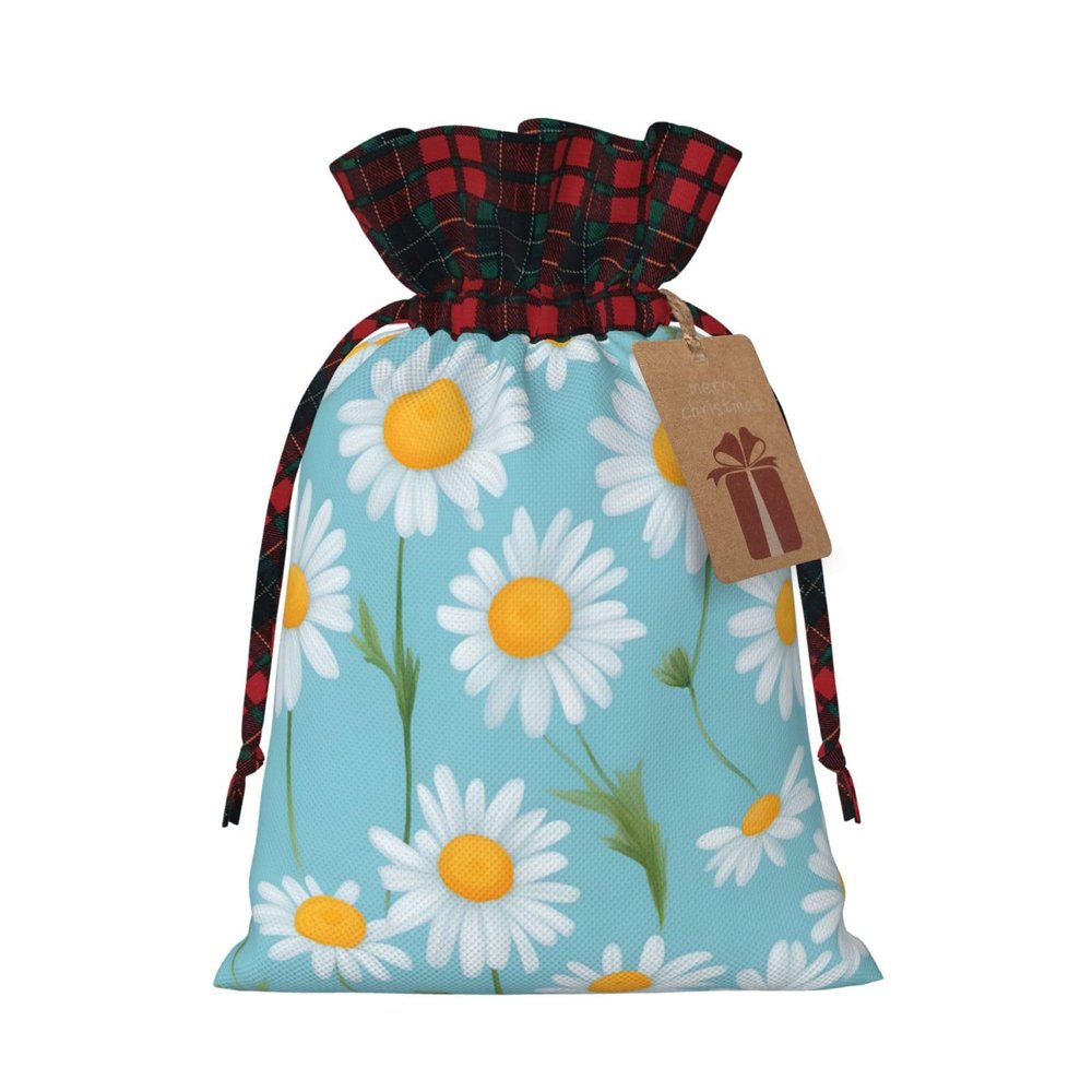 White Daisy In Light Blue Background Holiday-Themed Gift Bags - Stylish,Unique,And Personalized Reusable Drawstring Gift Bags