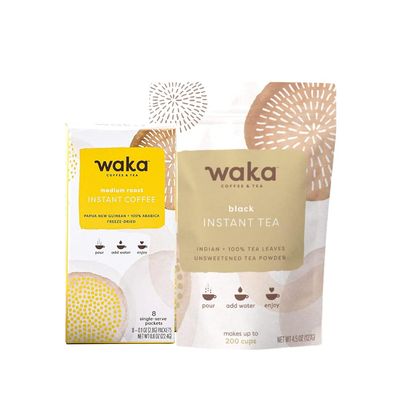 Waka  Instant Coffee and Tea Bundle  Unsweetened Black Tea Powder and Single-Serve Medium Roast Box Bundle