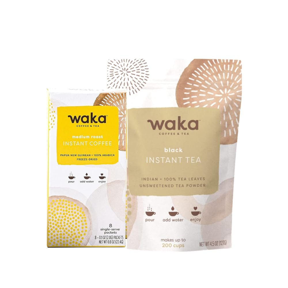 Waka Instant Coffee and Tea Bundle Unsweetened Black Tea Powder and Single-Serve Medium Roast Box Bundle
