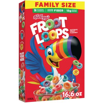 Kelloggs Froot Loops Breakfast Cereal, Good Source of Fiber, 15g Whole Grain, Family Size, 16.6 oz
