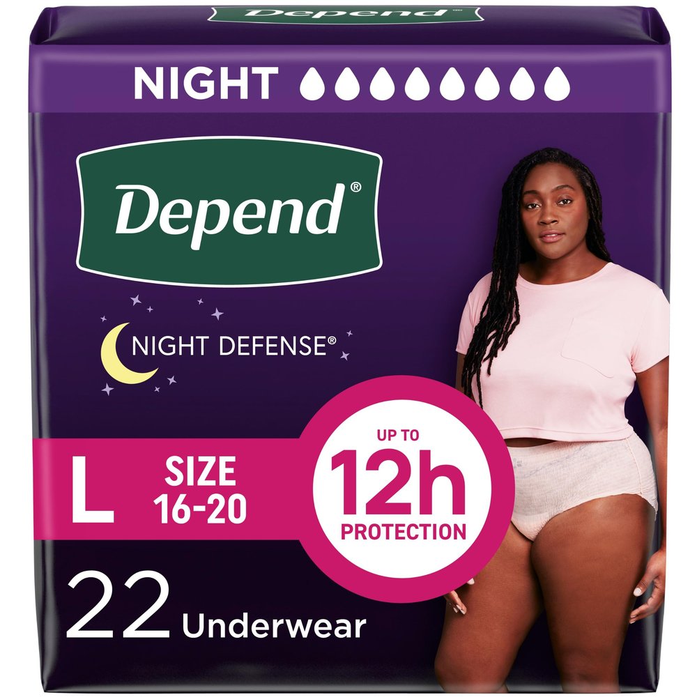 Depend Night Defense Adult Diapers, Incontinence & Postpartum Bladder Leak Underwear for Women, Disposable, Overnight, Large, Blush, 22 Count, Packaging May Vary