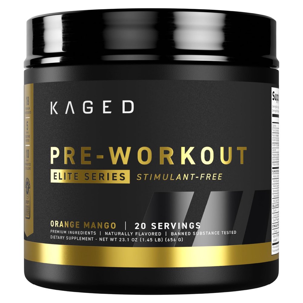 Kaged Pre Workout Elite Stim Free Powder | Orange Mango | Pre-Workout with Creatine, Beta Alanine, L-Citrulline, BCAAs | Caffeine Free | Pre Supplements for Men & Women | 20 Servings