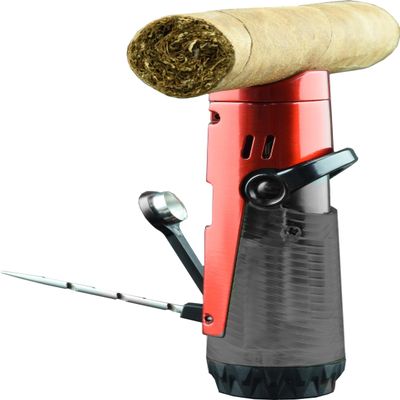 Jetline Regal (Red) Triple Flame Torch Cigar Lighter with Cigar Rest, Poker, and Punch