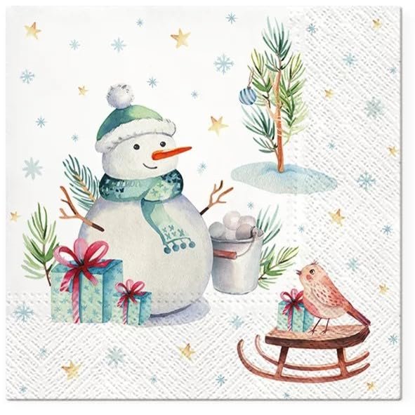 AM Dcor 20 Count 3-Ply Luncheon Paper Napkins for Christmas Dinner Party Decorative Decoupage - 13" x 13" (Unfolded) Lovely Snowman