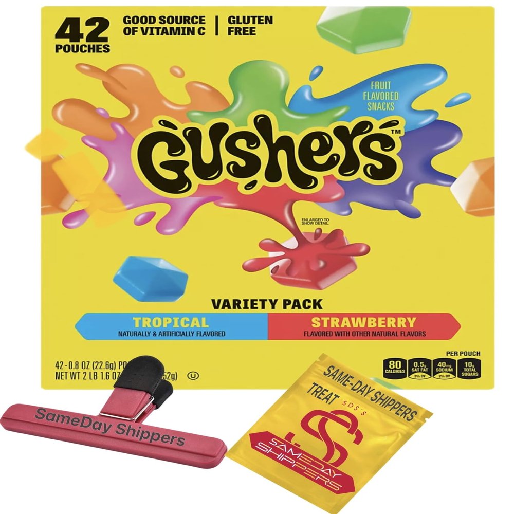 Gushers Strawberry Splash and Tropical Flavor Fruit Snacks, 42 ct. | Includes BRANDED Sameday Shippers Bag Clip
