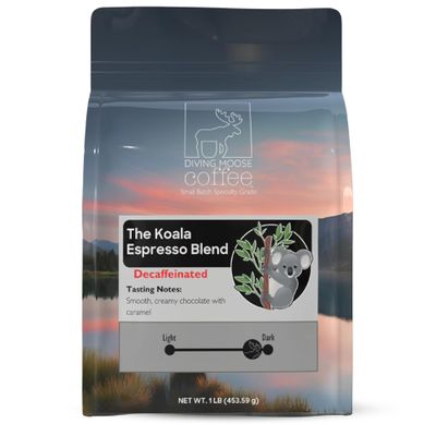 Diving Moose Coffee - The Koala Decaf Espresso 4-Bean Blend Dark Roast (16oz / 1 LB) - Chocolate Caramel Smooth Specialty Grade Small-Batch Roasted to Order Smooth Not Bitter