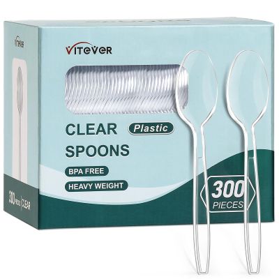 [300 Count] Clear Heavy Duty Plastic Spoons, Disposable Silverware Spoons Bulk, Plastic Cutlery Utensils Set, Solid