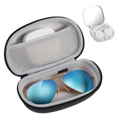 MoKo Sunglasses Case and 2 in 1 Contact Lens Case,PU Portable Metal Buckle Protective Contact Lens Box with Soak Storage Kit Included Mirror Tweezer, Lens Solution Bottle, Black + White