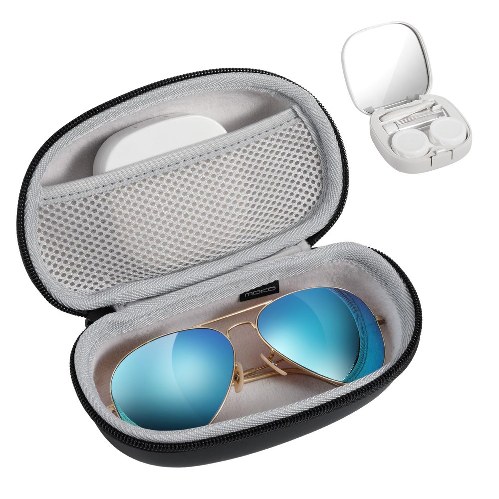 MoKo Sunglasses Case and 2 in 1 Contact Lens Case,PU Portable Metal Buckle Protective Contact Lens Box with Soak Storage Kit Included Mirror Tweezer, Lens Solution Bottle, Black + White