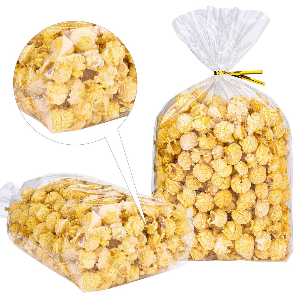 Awpeye 100PCS 7.9" x 2.4" x 11.8" Bottom Gusseted Cellophane Bags Flat Bottom Cello Treat Bags Clear Plastic Gift Bags with 4" Gold Twist Ties for Gift Wrapping And Decorations