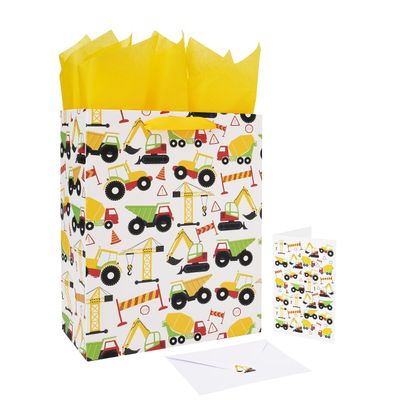13" Large Construction Vehicle Gift Bag Set with Greeting Card and Tissue Paper (Yellow Car Design) for boys, Construction Kids Birthday Party, Baby boy, Baby Shower, Truck, Newborn -10.2x5.2x13, 1 Pcs