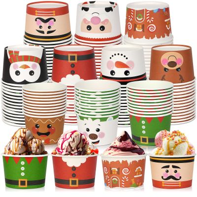100Pcs 9 oz Christmas Paper Bowls Christmas Treat Snack Cups Xmas Element Disposable Cups Snowman Santa Elk Bowl Ice Cream Dessert Soup Bowls Cups for Christmas Party Supplies Decorations,10 Styles