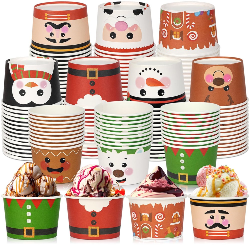 100Pcs 9 oz Christmas Paper Bowls Christmas Treat Snack Cups Xmas Element Disposable Cups Snowman Santa Elk Bowl Ice Cream Dessert Soup Bowls Cups for Christmas Party Supplies Decorations,10 Styles
