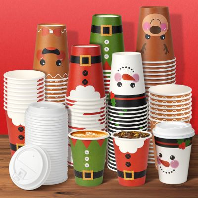 100 Pieces 12 oz Christmas Paper Cups with Lids, Xmas Disposable Coffee Tea Cups for Drinks Cold Beverage Hot Cocoa Chocolate Drinking, Elf Santa Snowman Gingerbread Elk Cup Christmas Decorations