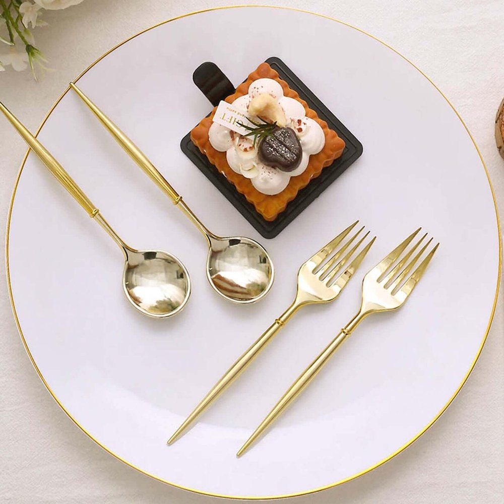 TABLECLOTHSFACTORY 24 Pack | 6" Metallic Gold Premium Plastic Fork/Spoon Utensil Set, Modern Heavy Duty Disposable Silverware